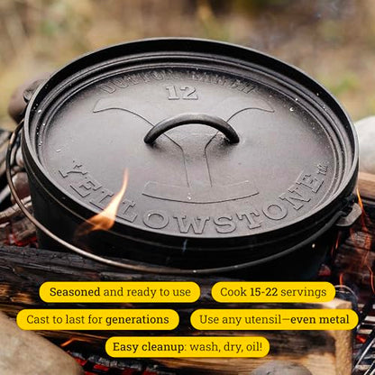 Lodge Pre-Seasoned Yellowstone Stamped Cast Iron Cookware - Use in the Oven, on the Stove, on the Grill, or Over a Campfire - Power Y 8 Quart Dutch Oven
