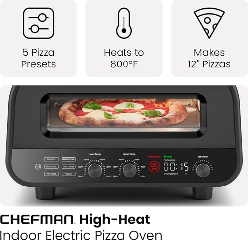 CHEFMAN Indoor Pizza Oven - Makes 12 Inch Pizzas in Minutes, Heats up to 800°F - Countertop Electric Maker with 5 Touchscreen Presets, Pizza Stone and Peel Included - Stainless Black