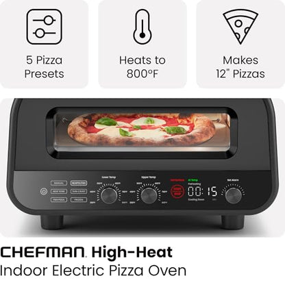 CHEFMAN Indoor Pizza Oven - Makes 12 Inch Pizzas in Minutes, Heats up to 800°F - Countertop Electric Maker with 5 Touchscreen Presets, Pizza Stone and Peel Included - Stainless Black
