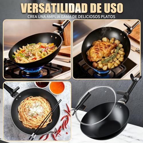 KALAWW Carbon Steel Wok Pan, Non-stick sauté pan Nitriding Process,13 Inch Woks & Stir-fry Pans Nonstick with Ergonomic Handle, Cookware, Pots and Pans,Versatile Bottom Chinese Woks for All Stoves