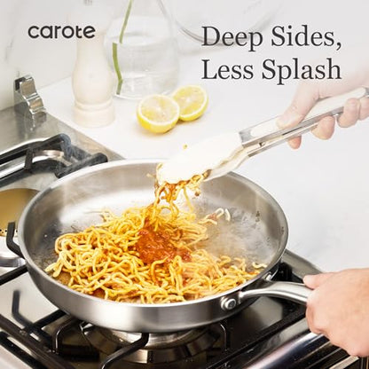 CAROTE 3-Piece Tri-Ply Stainless Steel Frying Pan Set, Skillet Set 8"/10"/12", Induction Compatible, Oven & Dishwasher Safe, Silver Handle