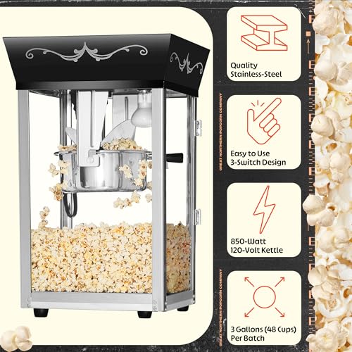 Matinee Popcorn Machine - 8oz Popper with Stainless-Steel Kettle, Reject Kernel Tray, Warming Light, and Accessories by Great Northern Popcorn (Black)