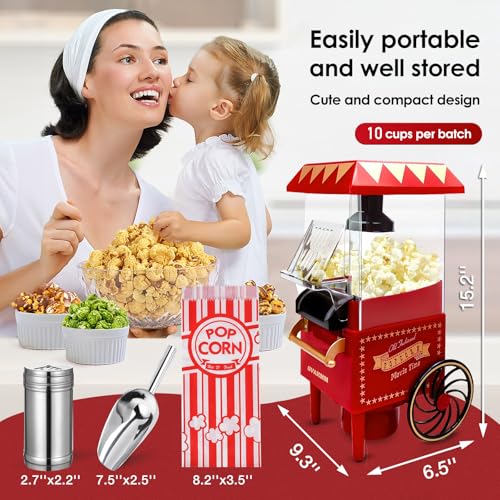 GVAKMM Popcorn Machine, Hot Air Popcorn Maker Kit Gift Box, Portable Home Popcorn Popper Machine, 10-Cup,Oil-Free,Retro Style,Compact and Cute