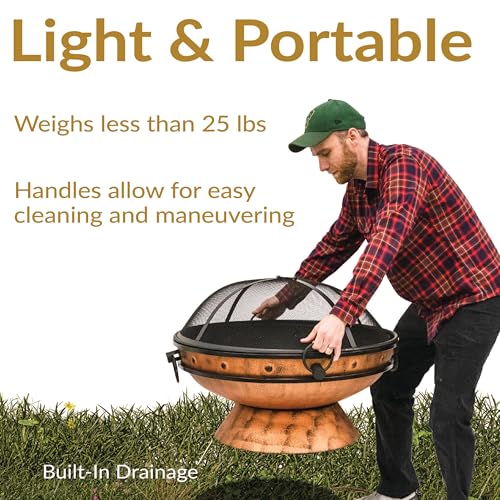 Sunnydaze 30-Inch Large Outdoor Fire Pit - Wood Burning Fire Pit for Outside with Poker and Screen - Copper Finish - Royal Cauldron