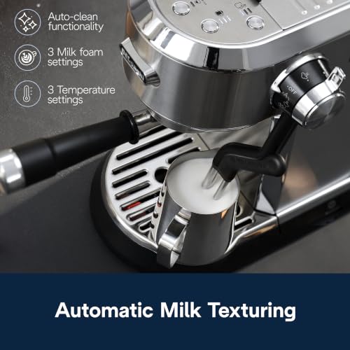 De'Longhi Dedica Maestro Plus Espresso Machine, Automatic Steam Wand, 3 Coffee Temp & Milk Foam Settings, 54oz Removable Tank, Easy-to-Clean Dishwasher-Safe Parts, Compact Stainless Steel Design