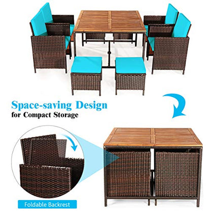 Tangkula 9 Pieces Acacia Wood Patio Dining Set, Space Saving Wicker Chairs and Wood Table with Umbrella Hole Outdoor Furniture Set, Suitable for Garden, Yard, Poolside, Outdoor Seating Set