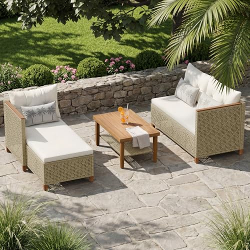 Devoko Wicker Patio Furniture Set, 3 Pieces Outdoor Sofa with Tufted Pillow,PE Rattan Small Sectional Couch Set for Backyard, Deck,Porch & Poolside(Brown)