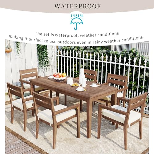 Hlcodca 7 Piece Patio Dining Table Set with Removable Cushion, Outdoor Acacia Wood Furniture Set for Garden, Backyard, Lawn, Poolside (A-Burly Wood)