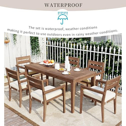 Hlcodca 7 Piece Patio Dining Table Set with Removable Cushion, Outdoor Acacia Wood Furniture Set for Garden, Backyard, Lawn, Poolside (A-Burly Wood)