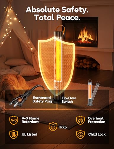 Slkdrft Outdoor Heater for Patio w/Remote, 1500W, 60° Oscillation, 9H Timer, 9 Heat Level, Tip-Over/Overheating Protection, Safety Lock, for Garage Porch Office Black