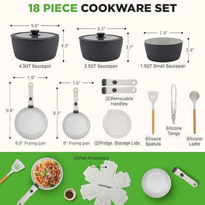 NutriChef 18-Piece Ceramic Cookware Set with Detachable Handles, Non Stick Pots and Pans, PTFE-Free Natural Ceramic Coating, Space-Saving Design, Oven & Stove Safe, Includes Utensils