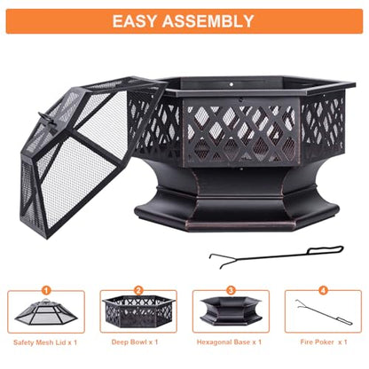 Panovue 28Inch Outdoor Fire Pit, Hexagon Shaped Wood Burning Firepit for Outside Bonfire, Patio, Backyard and Camping (Antique Bronze)