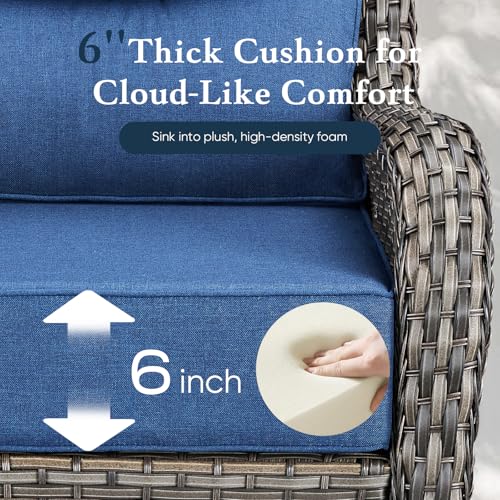 Belord Luxury 6" Thick Cushioned 10 Pieces Patio Furniture Set with Outdoor Couch, Wicker Outdoor Conversation Set with High Back Swivel Rocker Chairs for Deck Porch Yard and Poolside - Grey+Blue