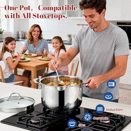AOSION 6 Quart Stainless Steel Stock Pot with Strainer Lid & Deep Fryer Basket, Large Multipurpose Cookware for Spaghetti, Soup, Stew & Deep Frying, Compatible with All Stovetops & Oven Safe.