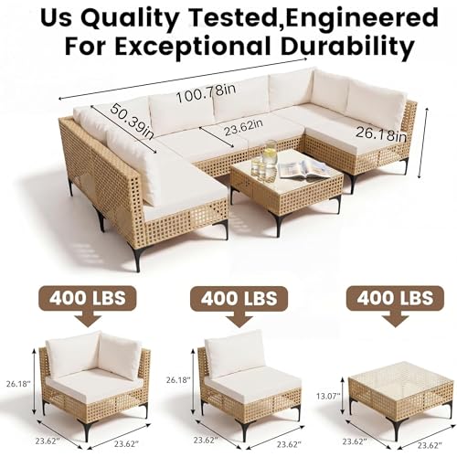Devoko Patio Furniture Set,7 Pieces Outdoor Wicker Sectional Couch with Thick Cushions &Glass Tabletop, PE Rattan Backyard Conversation Sofa with Coffee Table for Deck, Porch