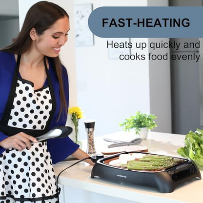 OVENTE Electric Indoor Grill with 13x10 Inch Non-Stick Cooking Surface, 1000W Fast Heat Up Power, Adjustable Temperature, Removable and Dishwasher Safe Grilling Plate and Drip Tray, Copper GD1632NLCO
