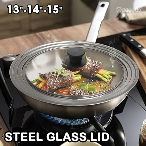 GDDGCUO 13-14-15 in Universal Pan Lid, Extra Large Stainless Steel Pot Lid for Pots, Pans, Skillets, Replacement Frying Pan Lid with Heat Resistant Silicone Knob, Dishwasher Safe