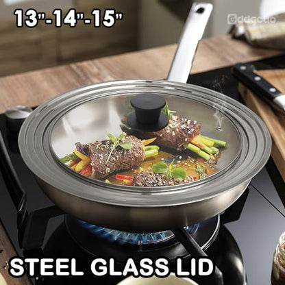 GDDGCUO 13-14-15 in Universal Pan Lid, Extra Large Stainless Steel Pot Lid for Pots, Pans, Skillets, Replacement Frying Pan Lid with Heat Resistant Silicone Knob, Dishwasher Safe