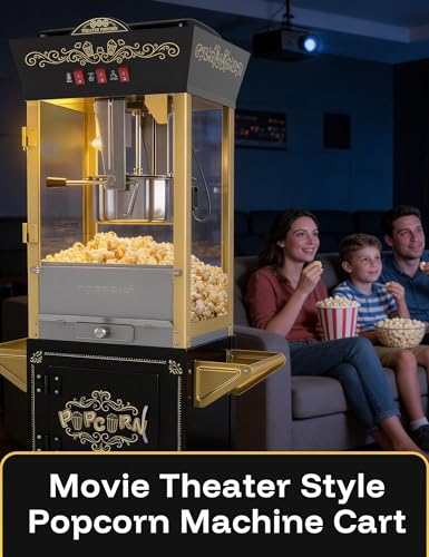 PopBria Popcorn Machine with Cart, 12oz Retro Popcorn Maker with Warming Deck, Movie Theater Style Popcorn Machine for Home Theater, Parties and Large Batches, Black and Gold