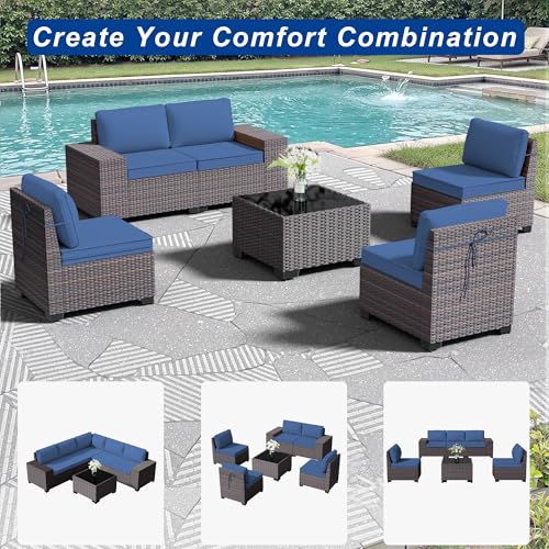 ASJMR Outdoor Patio Furniture Set, 6 Pieces Outdoor Sectional Furniture High Backrest Patio Sofa, All-Weather PE Rattan Patio Conversation Set with Coffee Table & Cushions(Dark Blue).