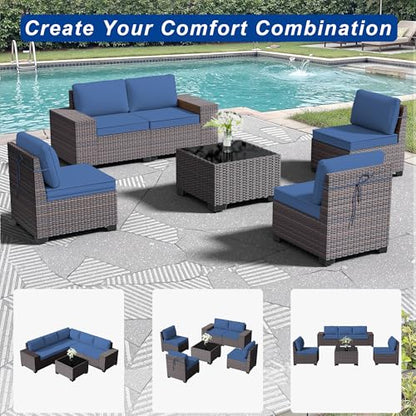 ASJMR Outdoor Patio Furniture Set, 6 Pieces Outdoor Sectional Furniture High Backrest Patio Sofa, All-Weather PE Rattan Patio Conversation Set with Coffee Table & Cushions(Dark Blue).