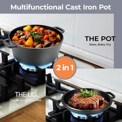 TLGREEN Cast Iron Dutch Oven Pot with Lid, Pot (5.1QT) and Lid as a Skillet(1.9QT) - Dutch Oven Cast Iron with Silicone Holders, Iron Stand, for Oven, Stove, Grill，Campfire