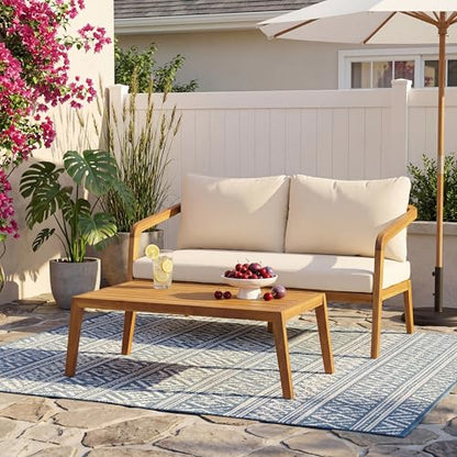 2-Piece Outdoor Loveseat & Coffee Table Set, Acacia Wood Patio Furniture with PE Wicker Backrest, High-Resilience Cushions, 800 lbs Capacity, for Patio Backyard Sunroom Poolside