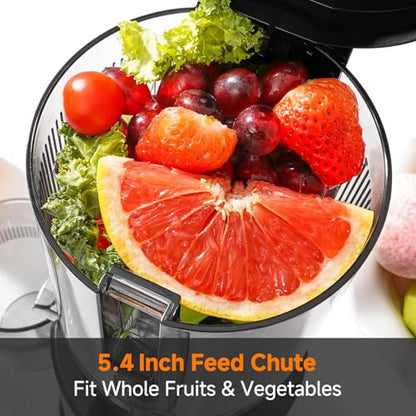 Cold Press Juicer Machines with 5.4" Wide Feed Chute, Slow Masticating Juicer Extractor for Whole Fruits & Vegetables, Quiet Motor, Easy to Clean with Brush, High Juice Yield, Black