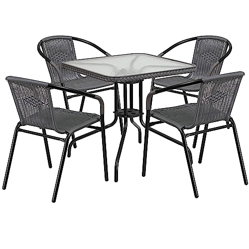 Flash Furniture 5-Piece 28" Square Indoor/Outdoor Patio Table and Chairs Set, Glass Metal Bistro Table and 4 Stacking Rattan Chairs, Gray