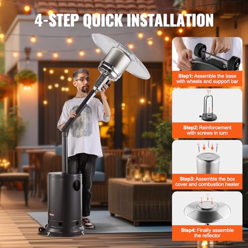 VEVOR 50000BTU Propane Patio Heater for Outdoor Use With Round Table Design, Metal Burner and Wheels - Tall Hammered Flame Heater for Party, Backyard, Garden, Silver Gray