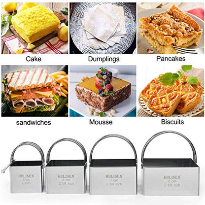 HULISEN Square Biscuit Cutter Set (4 Pieces/Set), Stainless Steel Cookies Cutter with Handle, Professional Baking Dough Tools, Gift Package (Square)