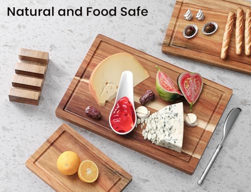 Fibogollo Acacia Wood Cutting Boards for Kitchen(Set of 3),Wooden Chopping Boards Set with Juice Groove,Serving Board with Holder,Butcher Block for Meat,Vegetables,Fruit