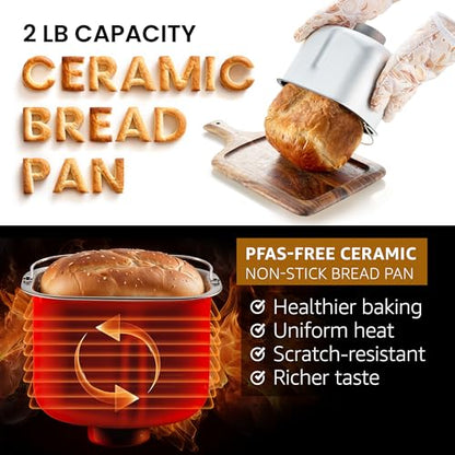 Elite Gourmet Programmable 2-Lb Bread Maker, PFAS Free Ceramic Ceralast™ Pan, Touch Screen Control Panel, 19 Functions, Gluten Free, White, Wheat, Rye & More, 3 Loaf Sizes, Stainless Steel