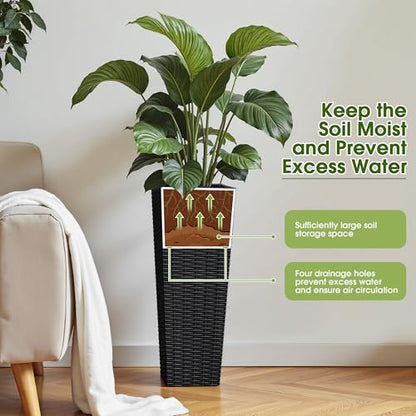 Devoko Resin Tall Planters for Outdoor Plants Set of 2, Large Taper Outdoor Planter Pots with 4 Drainage Holes, Flower Pots Modern Decor for Porch, Patio, Backyard, Home Garden (Black, 24")