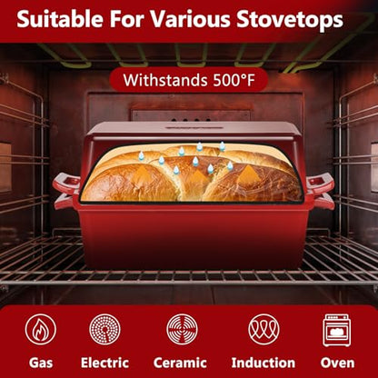 Wildone Enameled Cast Iron Bread Loaf Pan with Lid, 9x5 Sourdough Baking Pans for Homemade Bread, Cake, Meatloaf, Even Heating Bread Pans, 2-Piece Set, Red