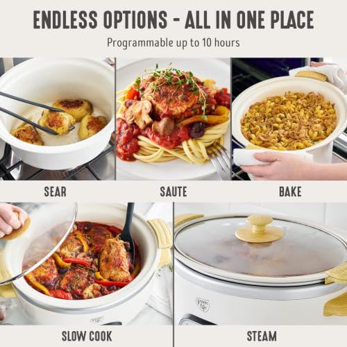 GreenLife 6QT Slow Cooker, Non-Toxic PFAS-Free Ceramic Nonstick Removable Interior Bowl, Programmable, Family Friendly, Keep Warm, Stovetop & Oven Safe, Dishwasher Safe Crock, Timer, Glass Lid, Cream
