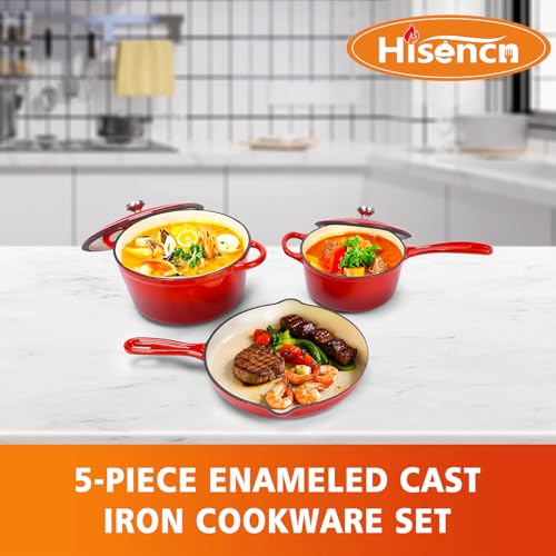 Enameled Cast Iron Cookware Set - 3 PC Set of 5.5QT Dutch Ovens, 2QT Sauce Pan, 10.2 Inch Ceramic Frying Pan, Ceramic Coated Cast Iron Dutch Ovens set, Heavy Duty, Gas/Induction Compatible,Red