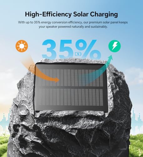 Upgraded Outdoor Rock Speaker 60W Deep Bass Multi-Sync up to 100Pcs, Remote Control, IPX7 Waterproof Solar-Powered Bluetooth Speaker Perfect for Pool, Garden, Patio, Ideal for Music Lovers - 2 Packs
