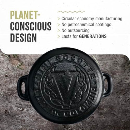 Victoria Pack of 2 Cast Iron Mini Cocottes, Preseasoned Mini Dutch Oven Set for Baking, Serving, and Individual Portions, Made in Colombia