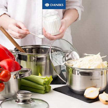 Daniks Standard 10 Quart Stainless Steel Stock Pot with Glass Lid, Tri-Ply Bottom for Even Heating, Induction Compatible, Dishwasher Safe, Built-In Measuring Scale, Silver
