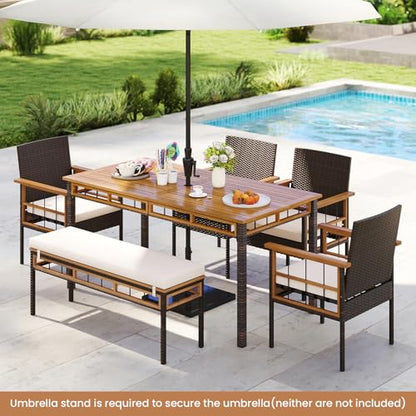Tangkula 6 Pieces Patio Dining Table Set, Outdoor Rectangular Acacia Wood Table with 1.97” Umbrella Hole & Cushioned Backless Bench & 4 Armchairs, for Garden, Deck, Yard