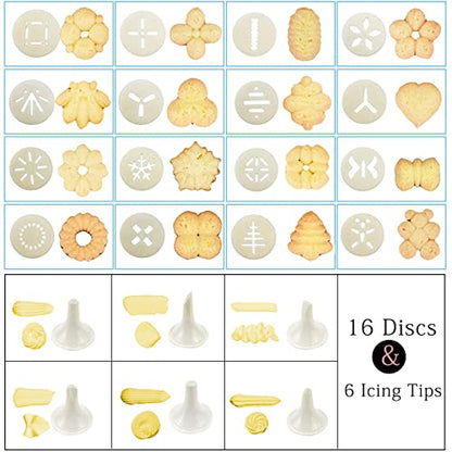 Cookie Press, Spritz Cookie Press for Baking, Thicken Cookies Press Gun Kit with 16 Discs and 6 Icing Tips, Suitable for DIY Cookies Maker and Cake Icing(Yellow)