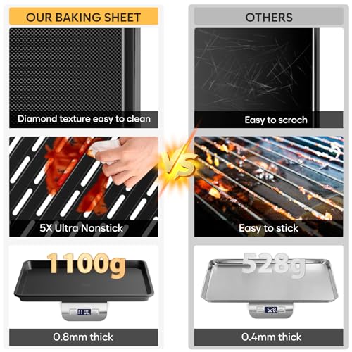 Nonstick Cookie Sheets for Baking with Cooling Rack Set of 4, 0.8mm Thick Heavy Duty Baking Sheets for Oven, Half/Quarter/Jelly Roll Pans Oven Trays, Baking Pan Set with Diamond Texture