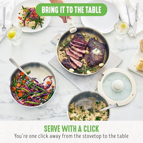 GreenLife 10 Piece Stainless Steel Pots and Pans, Detachable & Stackable Kitchen Set, Tri Ply Clad PFAS Free Cookware, Space Saving with Removable Handle, Induction & Oven Safe, RV Cookware, Glass Lid
