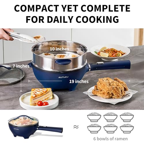 AUTUCU 3-Quart Electric Hot Pot & wok Nonstick with Steamer | Electric Skillet 1200W for Dorm, Home, Gifts (Includes Silicone Spatula) Multi-Cooker