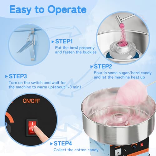 ROVSUN 21 Inch Cotton Candy Machine,Electric Commercial Cotton Candy Maker Machine Candy Floss Maker Machine w/Cover,Stainless Steel Bowl,Sugar Scoop and Large Storage Drawer for Party Carnival,Blue