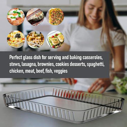 Ums 4-Qt (16" x 11" x 2") Glass Baking Dishes for Oven, Glass Oven Pan & Tray Bakeware, Borosilicate Glass Casserole Dish Cookware, Microwave & Oven-Safe Clear Bakeware