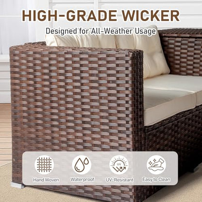 VINGLI 4 Pieces Outdoor Sectional Wicker Patio Furniture with Storage, Patio Sectional Sofa Outdoor Couch Conversation Set, Glass Top Coffee Table for Backyard, Pool, Garden(Brown)