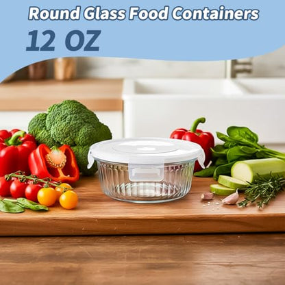 H.JSS WDJS 1.5 cup Round Glass Food Storage Containers with Lids, 12oz Small Glass Meal Prep Containers set, Heat-Resistant BPA-Free Round food bowl for Leftover. Microwave, Dishwasher & Freezer Safe