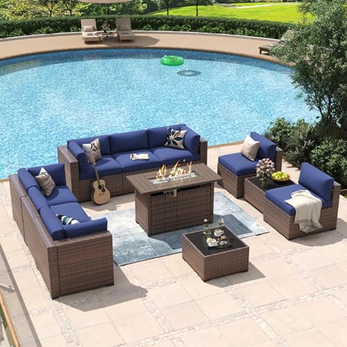 Aoxun 11 Piece Patio Furniture Set with 44" Fire Pit Table Wicker Rattan